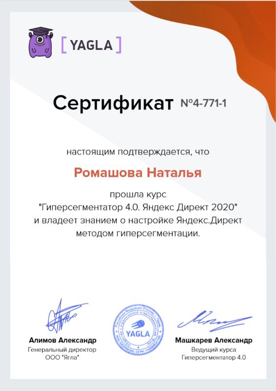 Компетенция "Гиперсегментатор 4.0. Яндекс.Директ 2020" Ягла, Наталья - фото