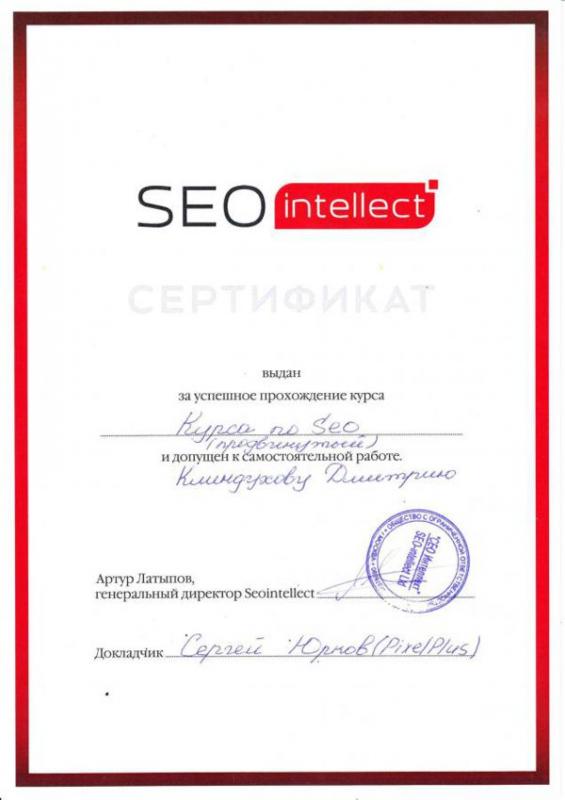 Сертификат SEO Intellect "Продвинутый курс по SEO", Дмитрий - фото