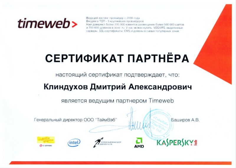 Сертификат ведущего партнера Timeweb