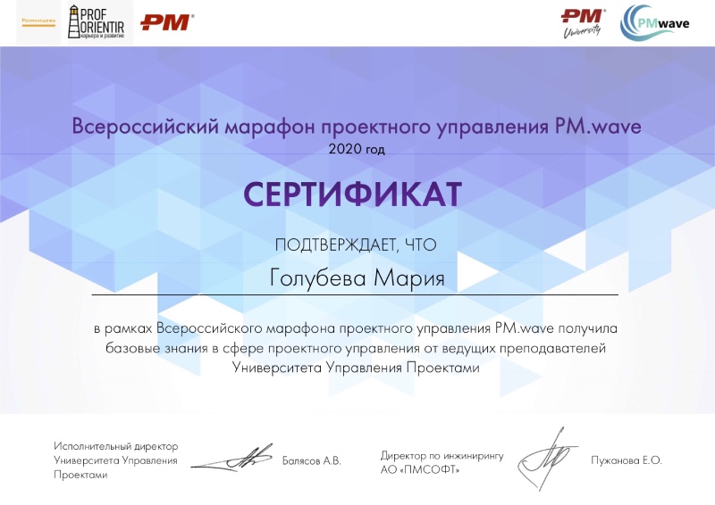 Сертификат участника всероссийского марафона по проектному управлению PM.Wave, Мария - фото