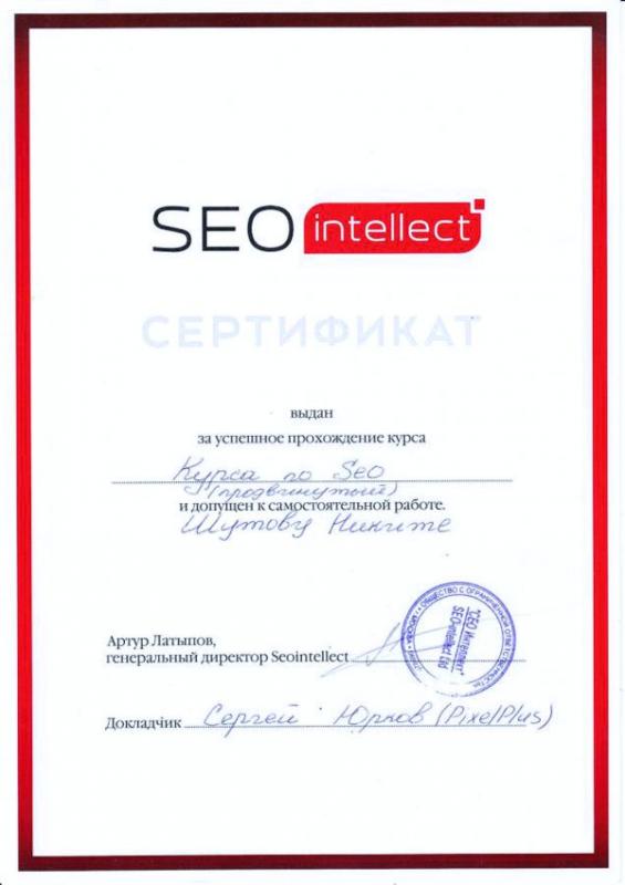 Сертификат SEO Intellect "Продвинутый курс по SEO", Никита - фото