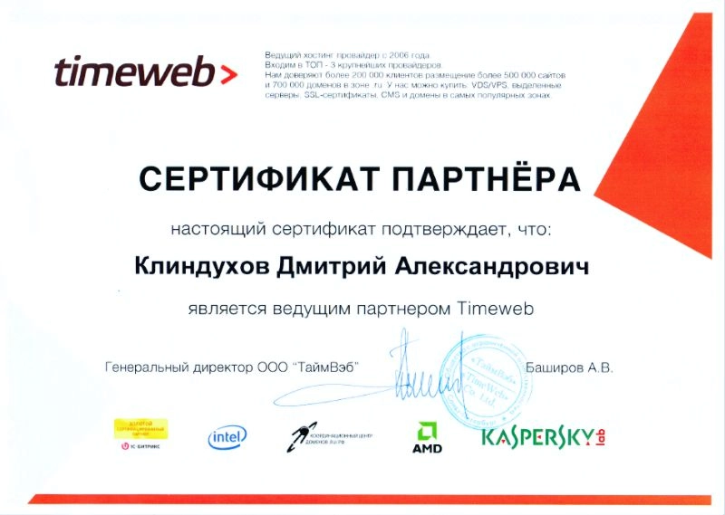 Сертификат ведущего партнера Timeweb - фото