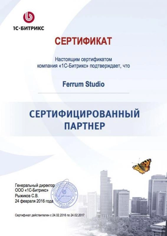 Сертификат сертифицированного партнера 1С-Битрикс, 2016-2017 - фото